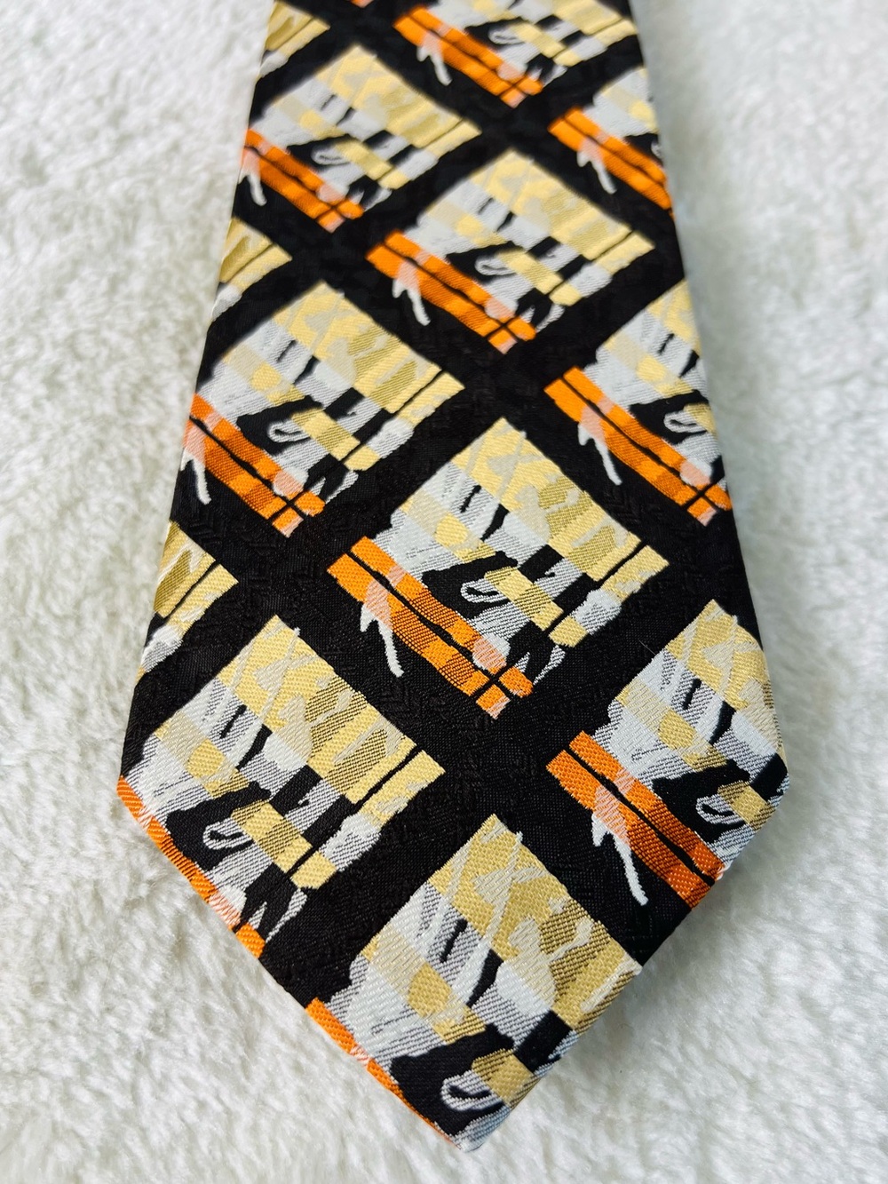 Dior Black Tie with Orange and Yellow Block Pattern